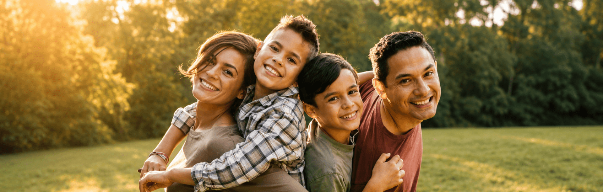 A smiling family of four embracing outdoors in a sunlit park